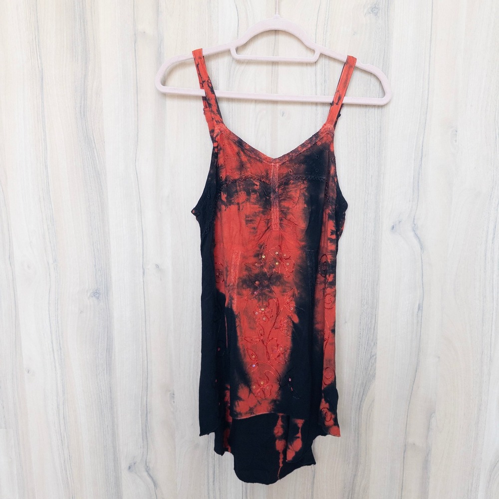 Embroidered Beaded Cami Top Womens S Red Black Tie Dye Fairy Grunge Whimsigoth